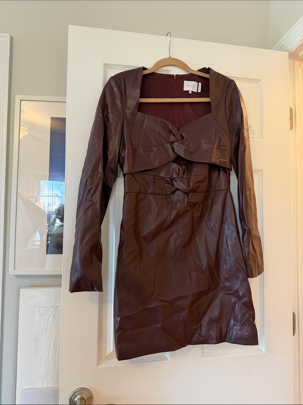 Faux Leather Knot-Front Long Sleeve Mini Dress — Brown